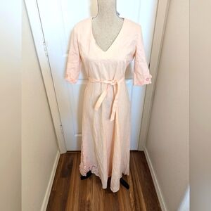 Pink vintage linen and cotton blend‎ maxi dress with flower accents size 8
